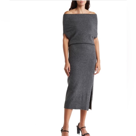 Astr Dresses & Skirts - ASTR Sweater Midi Dress Size M Color Charcoal Off The Shoulder Slit Women